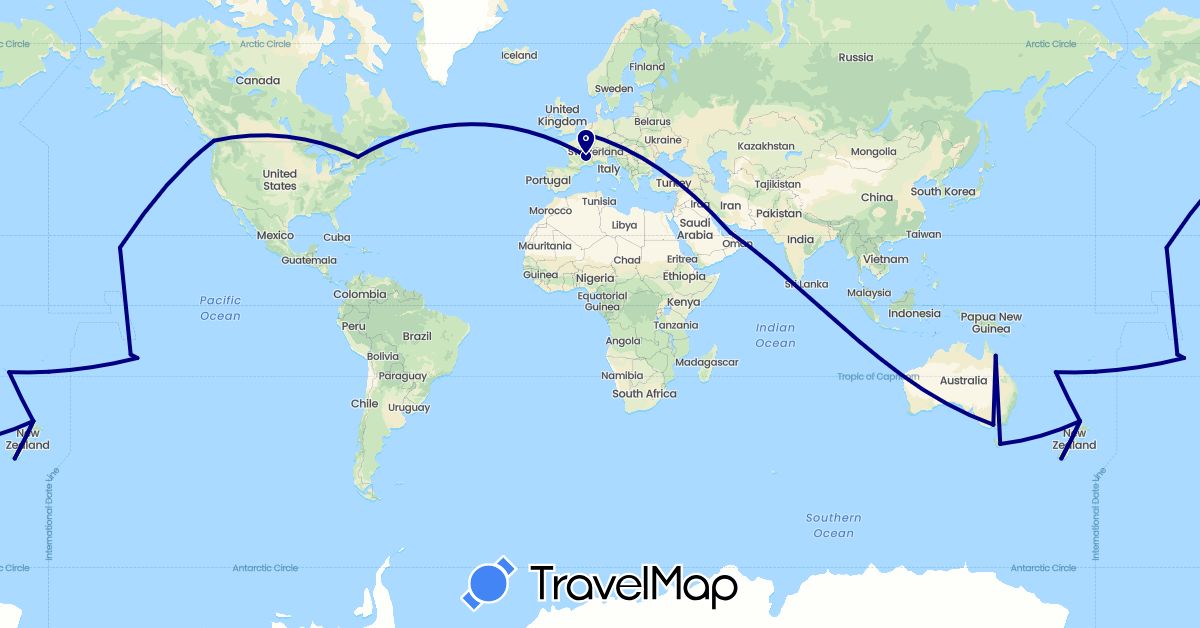 TravelMap itinerary: driving in United Arab Emirates, Australia, Belgium, Canada, France, New Zealand, United States (Asia, Europe, North America, Oceania)